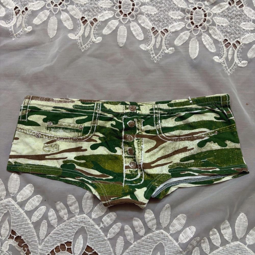 Y2K Trashy Camo Print Denim Look Boy Short Panties Green Brown XL/8